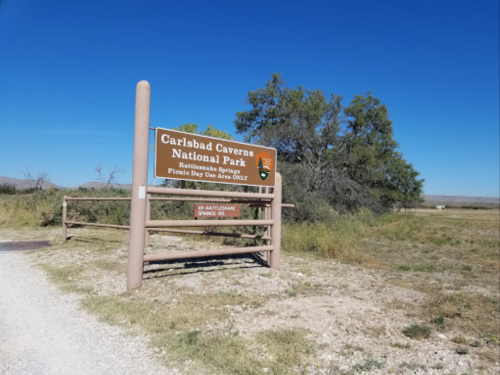Sign for Carlsbad Caverns National Park, indicating the entrance to the picnic area, surrounded by open land and trees.
