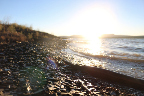 A sunlit shoreline with pebbles and gentle waves, creating a serene atmosphere at sunset.