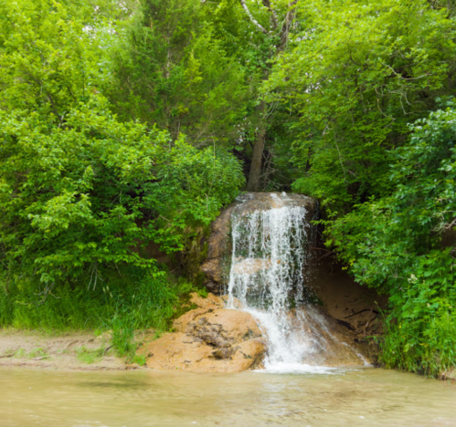 A small waterfall cascading over rocks, surrounded by lush green trees and foliage.