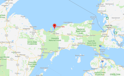 Map showing Elliot Falls located in Michigan, near the Hiawatha National Forest and surrounding lakes and forests.