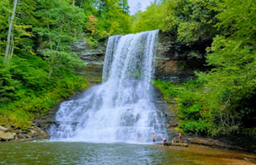 A scenic waterfall cascades into a serene pool, surrounded by lush green trees and people enjoying the natural beauty.