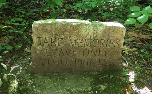 A stone plaque in a forest reads, "Take memories, leave only footprints," surrounded by greenery.