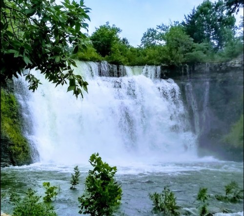 A cascading waterfall surrounded by lush greenery and trees, with mist rising from the water's surface.