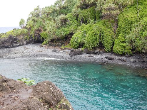 A serene cove with clear turquoise water, surrounded by lush greenery and rocky shores.