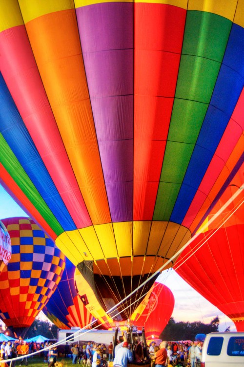 Colorful hot air balloons with vibrant patterns, viewed from below, ready for takeoff at a festival.