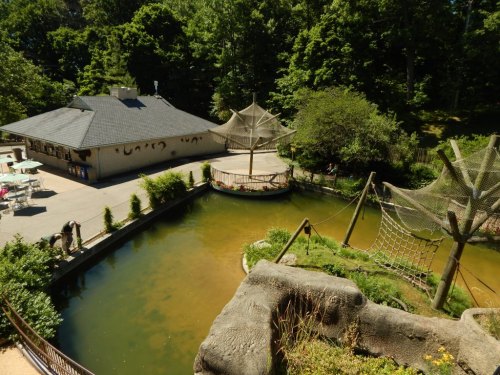 A scenic view of a park featuring a pond, a building, and greenery, with nets and a wooden structure in the foreground.