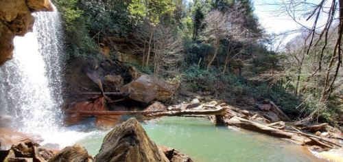 A serene waterfall cascades into a tranquil pool, surrounded by lush greenery and rocky terrain.