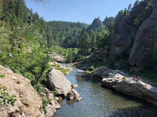 A serene river flows through rocky terrain, surrounded by lush green trees and mountains under a clear blue sky.