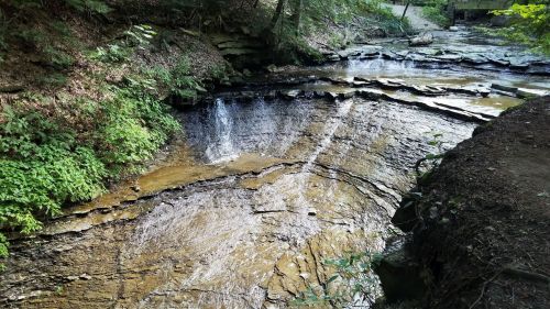 A serene stream flows over layered rocks, surrounded by lush greenery and trees in a peaceful natural setting.