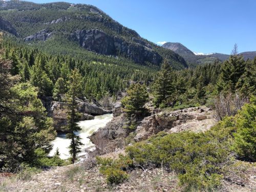 A scenic view of a river winding through a lush green valley, surrounded by mountains under a clear blue sky.