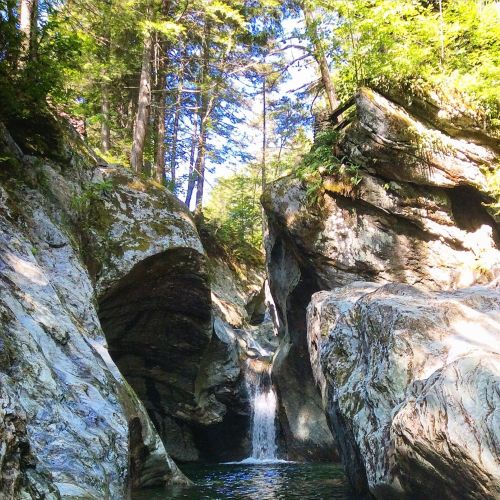 A serene waterfall cascades into a clear pool, surrounded by rocky cliffs and lush green trees.