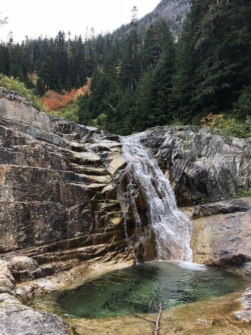 A serene waterfall cascades over rocky terrain into a clear pool, surrounded by lush green trees and mountains.