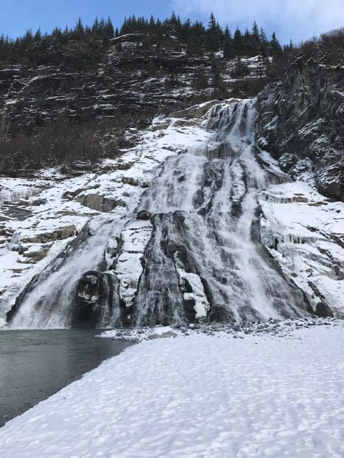 A snowy waterfall cascading down rocky cliffs into a serene pool below, surrounded by evergreen trees.