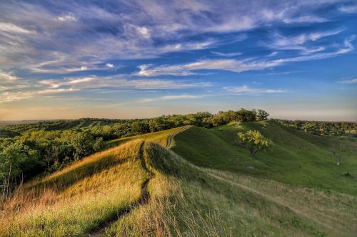 Rolling green hills under a blue sky with wispy clouds, featuring a winding path and scattered trees.