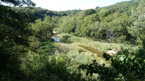 A serene river winding through a lush green landscape with trees and vegetation on either side.