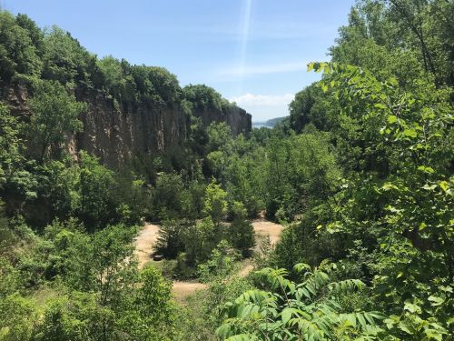 Lush green valley surrounded by steep cliffs under a clear blue sky, with trees and a sandy area below.