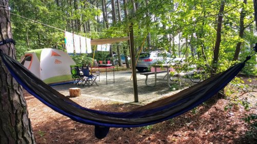 A hammock hangs between trees in a campsite with a tent, picnic table, and clothesline in a wooded area.