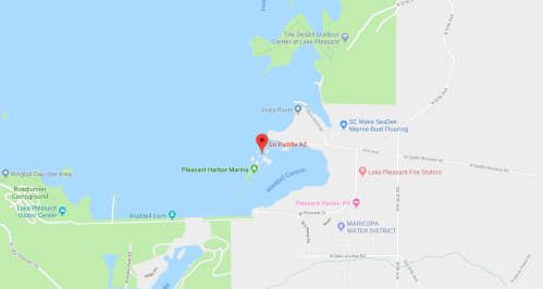 Map showing Lake Pleasant, Arizona, with marked locations including Pleasant Harbor Marina and nearby attractions.