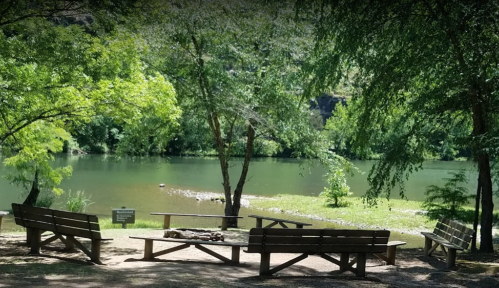 A serene riverside scene with wooden benches and trees, reflecting a peaceful outdoor setting.