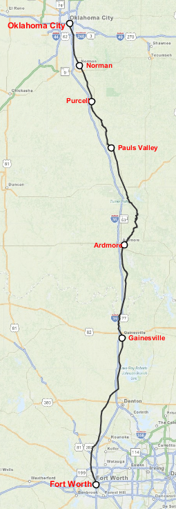 Map showing the route from Oklahoma City to Fort Worth, highlighting cities like Norman, Purcell, and Gainesville.