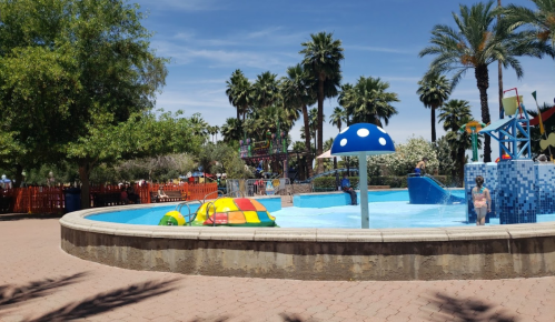 A colorful splash pad with a blue mushroom fountain, surrounded by palm trees and playful water features.