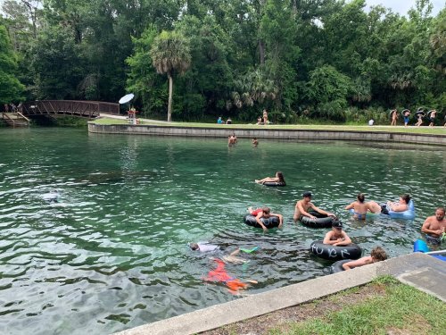 People swimming and relaxing in a clear, greenish river surrounded by lush trees and a bridge in the background.