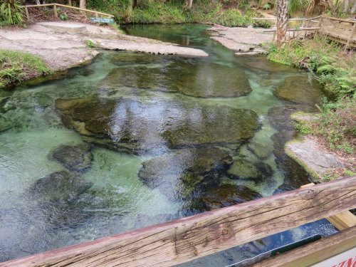 A clear stream flows over rocky beds, surrounded by lush greenery and wooden walkways.