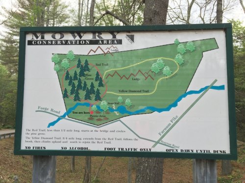 Map of Mowry Conservation Area showing trails, picnic area, and features like the Red Trail and Yellow Diamond Trail.