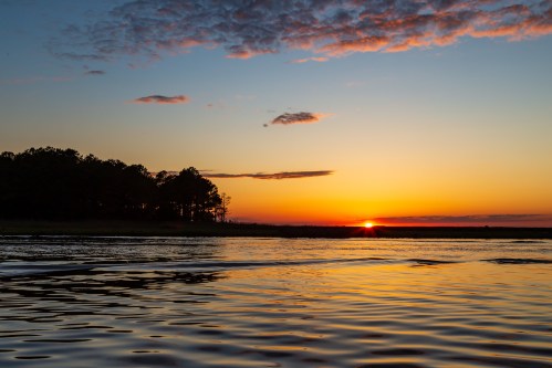 A serene sunset over calm waters, with silhouettes of trees against a colorful sky.