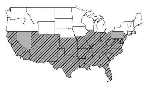 Map of the United States highlighting a diagonal striped area from the southwest to the southeast.