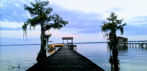 A wooden dock extends into calm water, flanked by trees with Spanish moss under a cloudy sky.