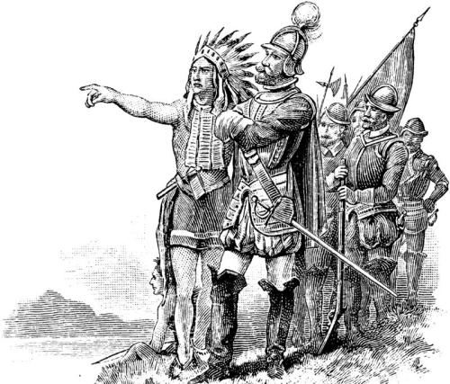 A historical illustration of a Native American leader pointing, accompanied by a European soldier and other figures in armor.