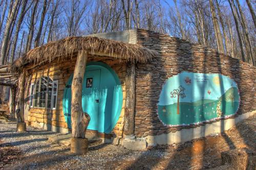 A whimsical stone and wood building with a turquoise door, surrounded by trees and featuring a colorful mural.