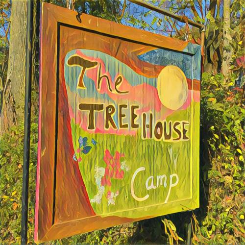 Colorful sign for "The Tree House Camp" featuring a sun and flowers, surrounded by greenery.