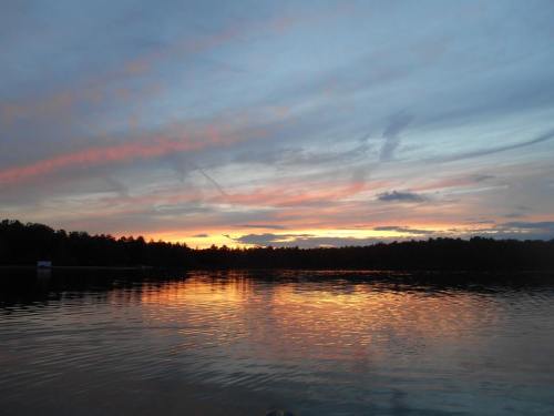 A serene lake at sunset, reflecting vibrant colors in the water with a silhouette of trees in the background.
