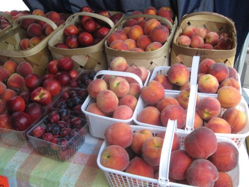 Baskets and containers filled with fresh peaches and plums at a farmers market.