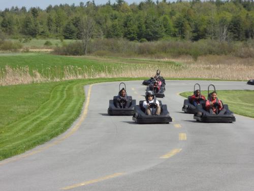 A group of go-karts racing on a winding track surrounded by green fields and trees.