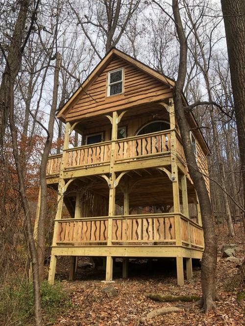 A wooden cabin with a wraparound porch, nestled among trees in a forested area during autumn.