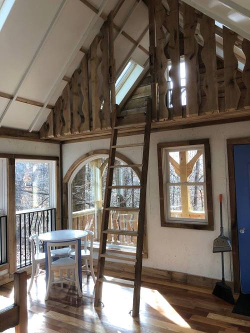 A cozy interior with a wooden loft, ladder, table, and large windows overlooking a forested area.