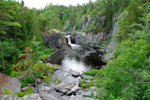 A serene river flows through rocky terrain, surrounded by lush green trees and a small waterfall in the distance.
