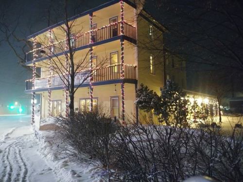 A three-story building decorated with lights, surrounded by snow and trees, on a snowy night.
