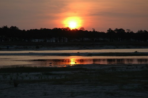 A serene sunset over a calm river, with silhouettes of trees and gentle reflections on the water's surface.