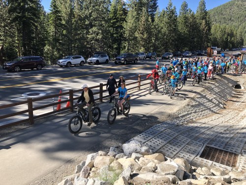 A group of cyclists in blue shirts rides along a path beside a road lined with trees and parked cars.
