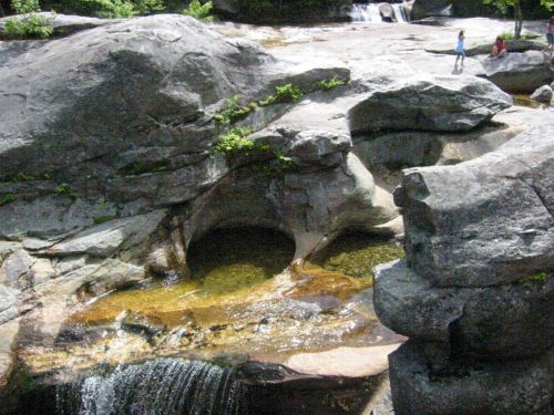 A rocky landscape with a small waterfall and a pool of water, surrounded by greenery and people in the background.