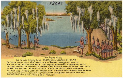 Illustration of the Singing River, with people by the water, trees, and a description of its mysterious sounds.