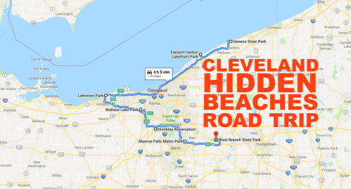 Map highlighting a road trip route to hidden beaches near Cleveland, featuring parks and scenic locations.