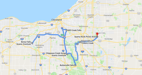 Map showing scenic routes and locations near Cleveland, including Mill Creek Falls and Quarry Rock Picnic Area.