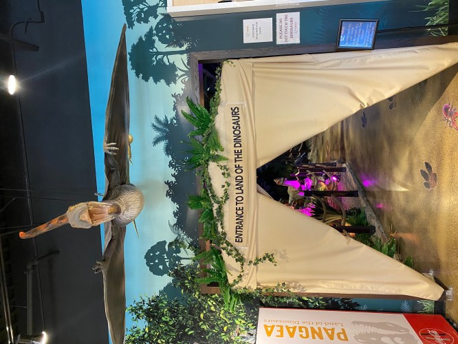 Entrance to a dinosaur exhibit, featuring a large pterosaur model suspended above a decorated archway.