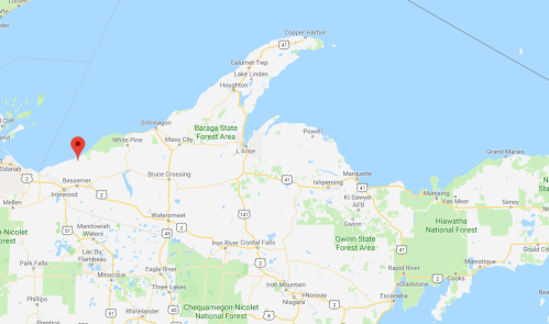 Map showing a portion of Michigan's Upper Peninsula, highlighting the area near Lake Superior.