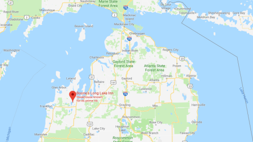 Map of northern Michigan highlighting Boone's Long Lake Inn, known for its prime rib, near Glen Arbor.